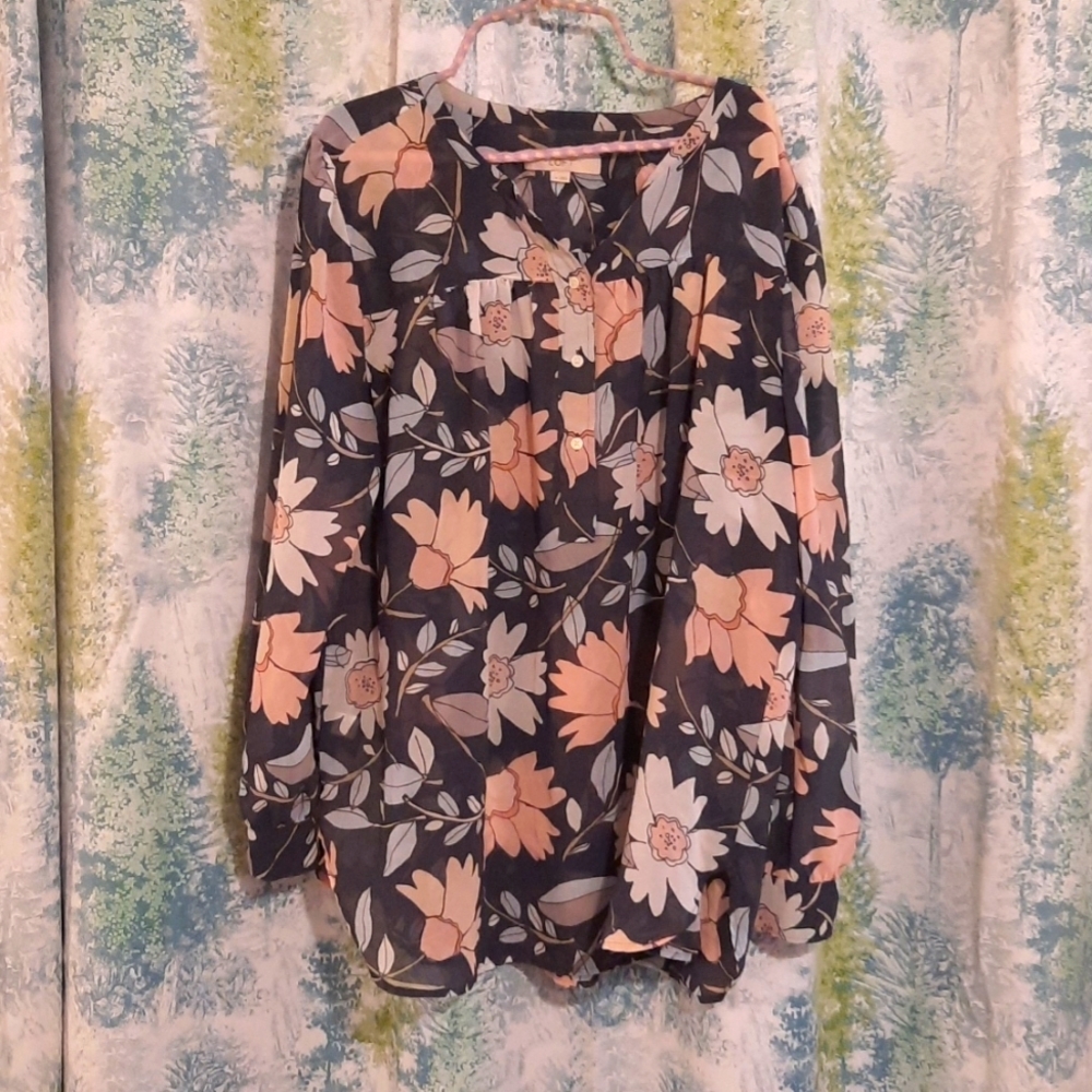 Blue base with mauve light pink light ble floral print Loft Brand Blouse